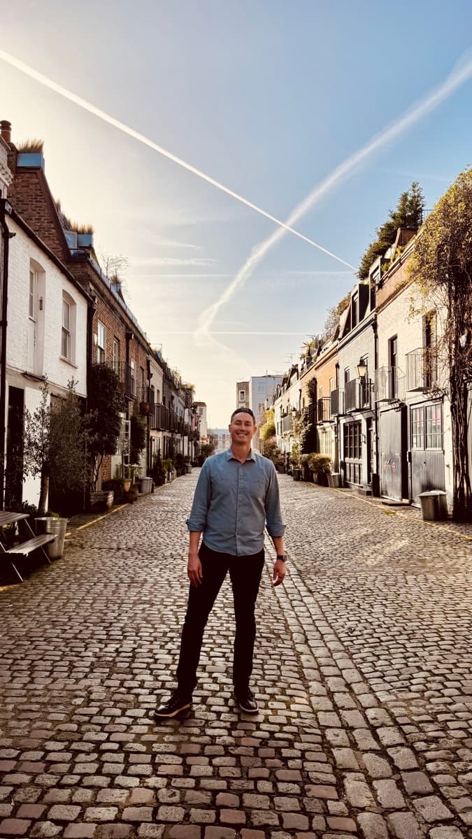 Gabe on the cobblestone streets of London