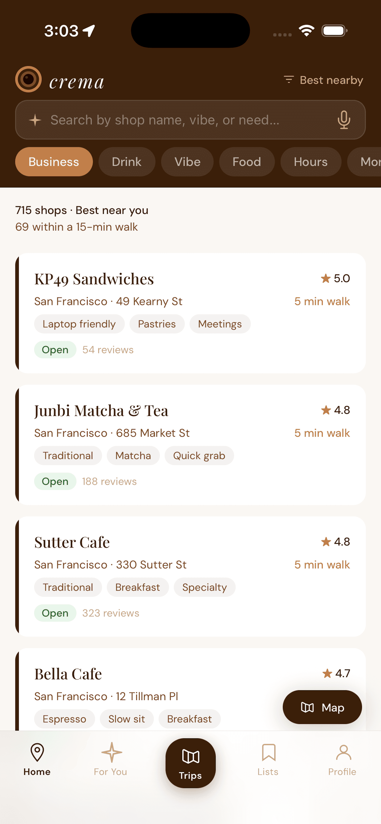 Crema home screen showing nearby coffee shops