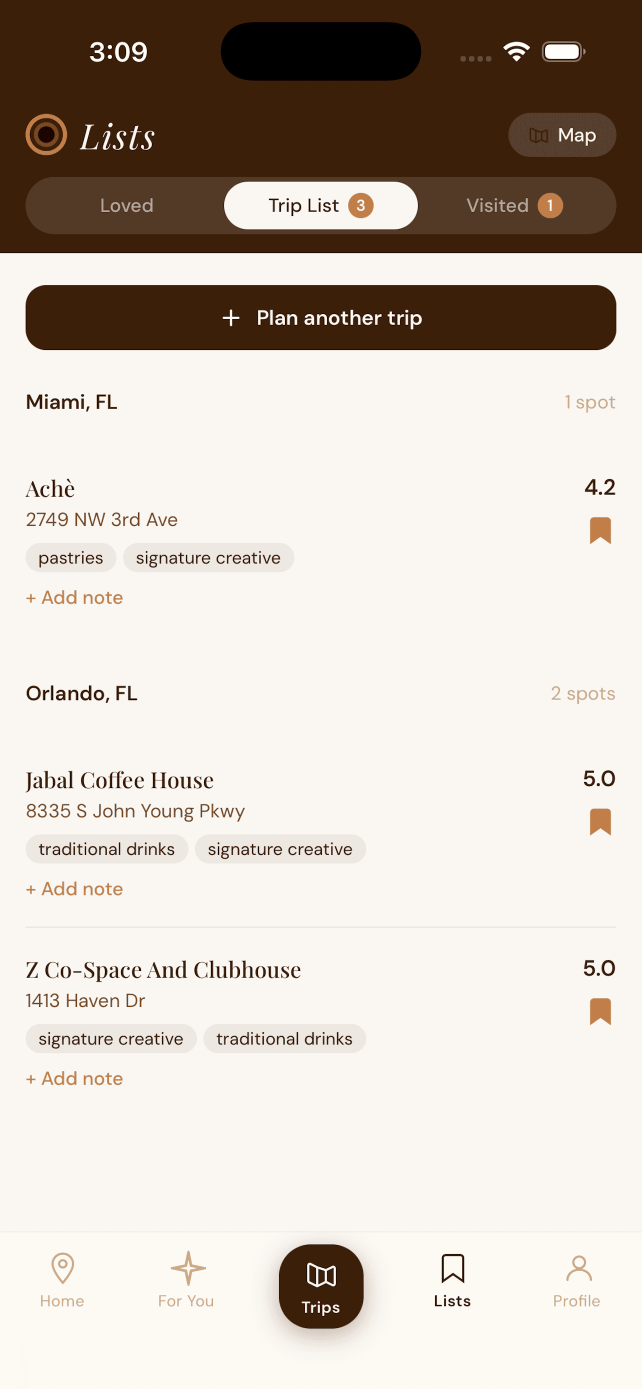 Crema trip planner screen